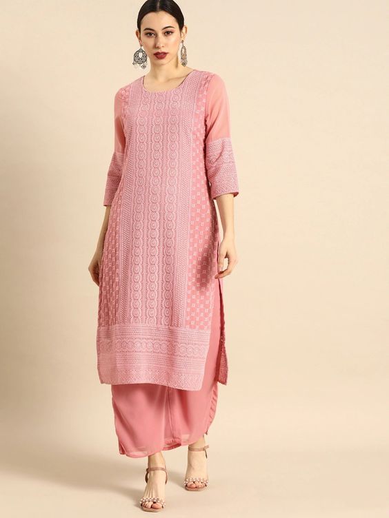 Light Pink Chikankari Kurti with Net Sleeves